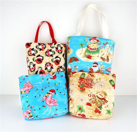 Set Of 4 Christmas Fabric Gift Bags Christmas At The Beach Etsy