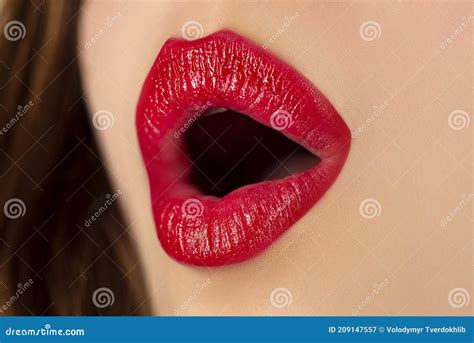 Woman Red Lips Lip Makeup Seductive Female Stock Image Image Of