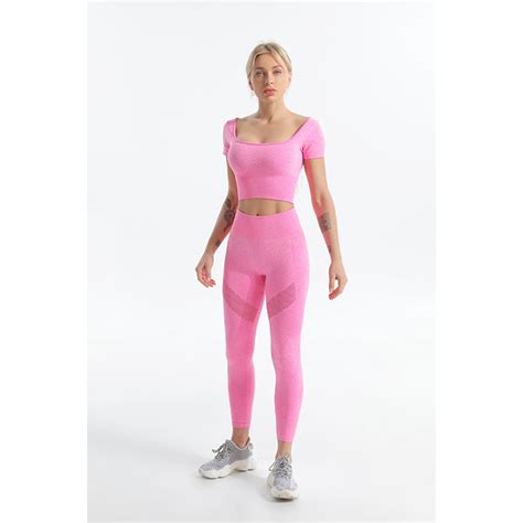 Pink Marl Seamless Short Sleeve Crop Top And Leggings Sets Tw2122 Twinall