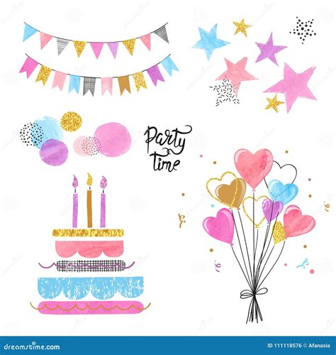 Birthday Party Icon Set Vector Colorful Hand Drawn Illustration Stock