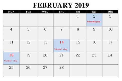 February 2019 Calendar Excel February 2019calendar February2019