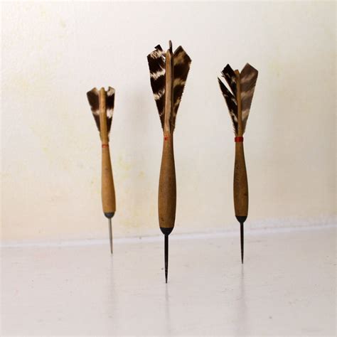 Vintage Wooden Darts Natural Feathers Set Of 3 Three