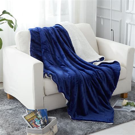 Sherpa Fleece Blanket Twin Size 60x80 Navy Plush Soft Warm Reversible Plush Fleece Bed