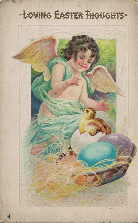 Antique Postcard Of Loving Easter Thoughts With Cute Winged Easter Cherub And Colorful Blue And