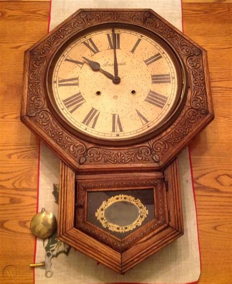 Antique Ansonia Oak Octagon Drop School House Regulator Wall Clock Late 1800s 1842741201