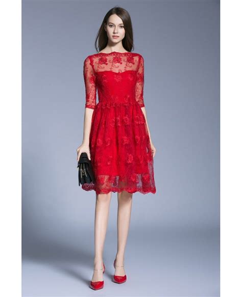 Modest A Line Red Lace Knee Length Cocktail Dresses With Sleeves Dk356 841