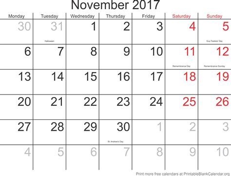 Printable Calendar November 2017 Printable Blank