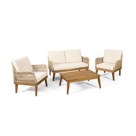 Annisa Outdoor Acacia Wood 4 Seater Chat Set With Cushion Teak Light