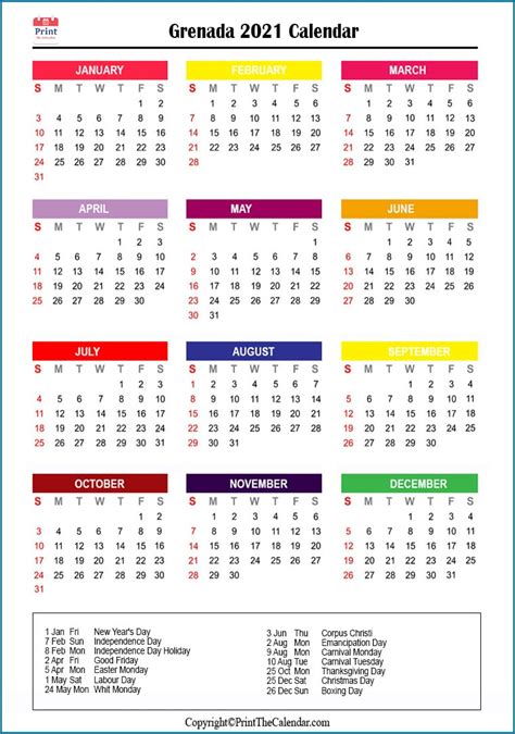 Grenada Holidays 2021 2021 Calendar With Grenada Holidays