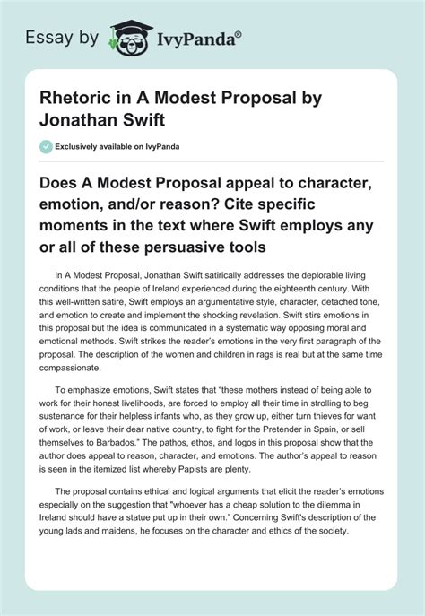 rhetoric in a modest proposal by jonathan swift 694 words article example