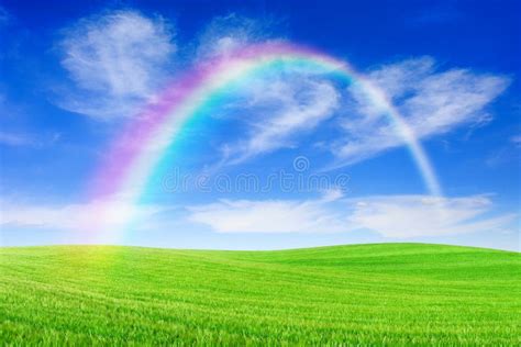 Idyllic View Rainbow Over Green Field Stock Photo Image Of Idyllic