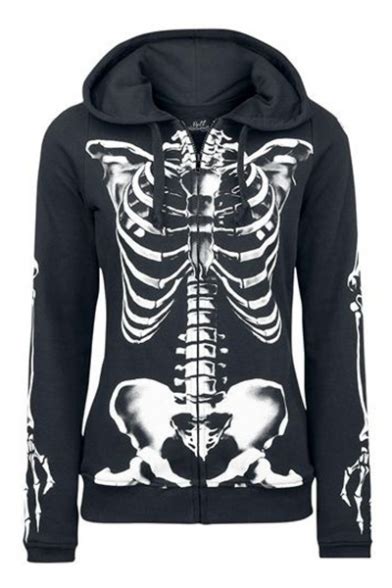 Skeleton Printed Zip Up Long Sleeve Hoodie