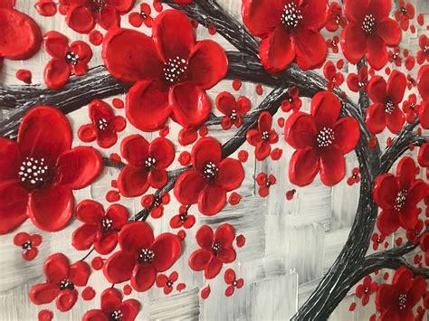 Red Cherry Blossom Tree Painting Large Impasto Abstract Art Original