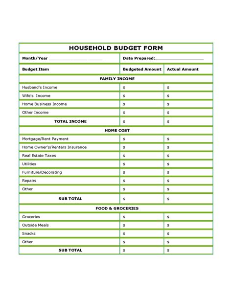 blank household budget form
