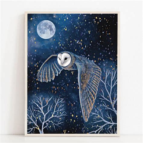 Flying Owl At Night Whimsical Starry Night Art Print By Serenum Art