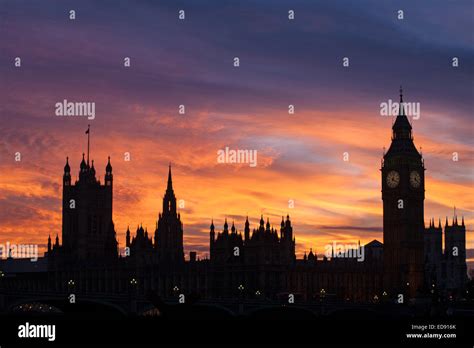 Dramatic Sunset Silhouetting London Skyline Of Big Ben And Houses Of