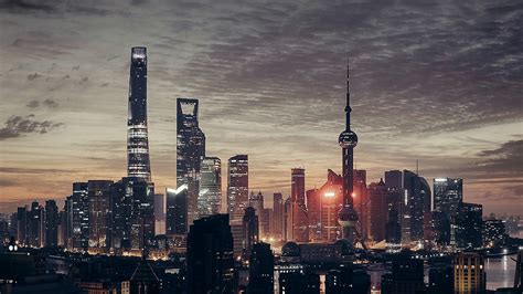 Nn24 City Shanghai Night Building Skyline Sunset Wallpaper