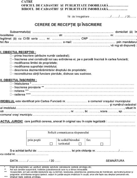 ANEXA Nr. 2 la regulament CERERE RECEPTIE SI INSCRIERE | Ordinul 634 ANCPI actualizat
