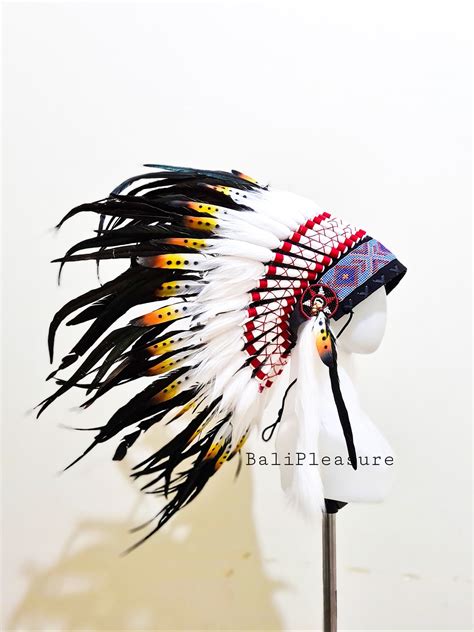 Indian Headdress White And Black Replica Feather Warbonnet Etsy