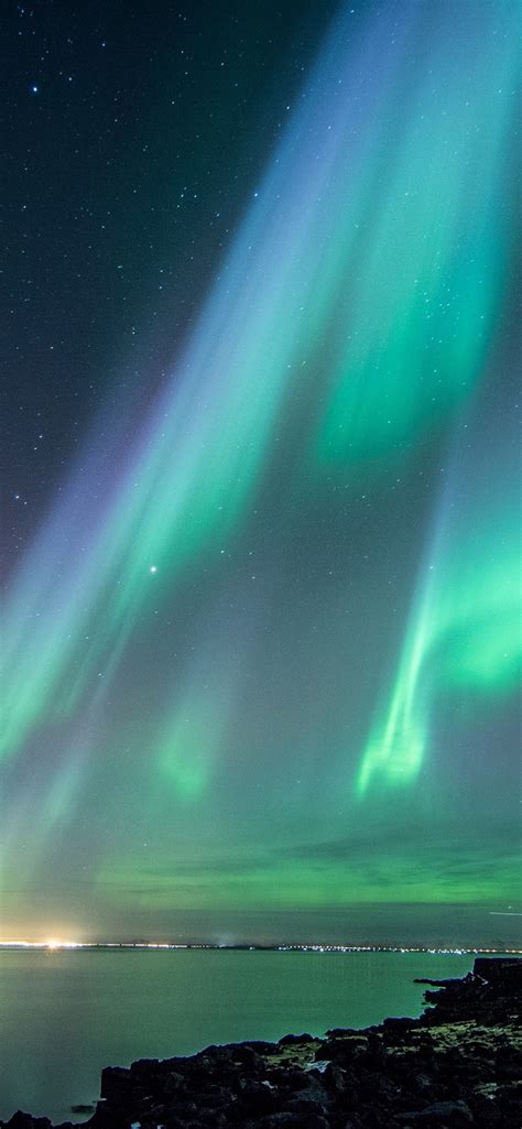 Wallpaper Northern Lights Beautiful Night Sky Stars Sea Iceland