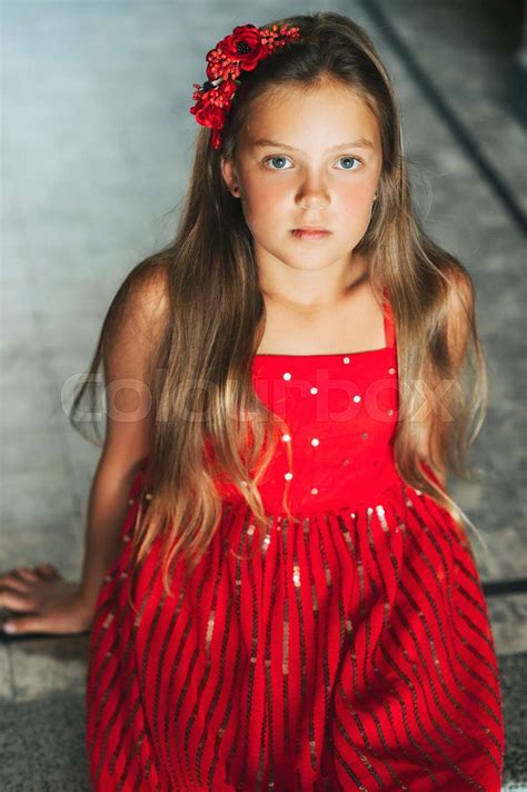 Portrait Of Young Girl Model Wearing Red Dress Stock Image Colourbox