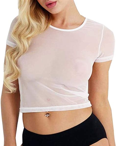 Etaoline Womens Sexy Mesh Crop Tops Sheer Tight Shirts White Clothing