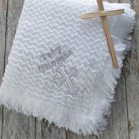 Embroidered Christening Shawl White Cross Baby Blanket