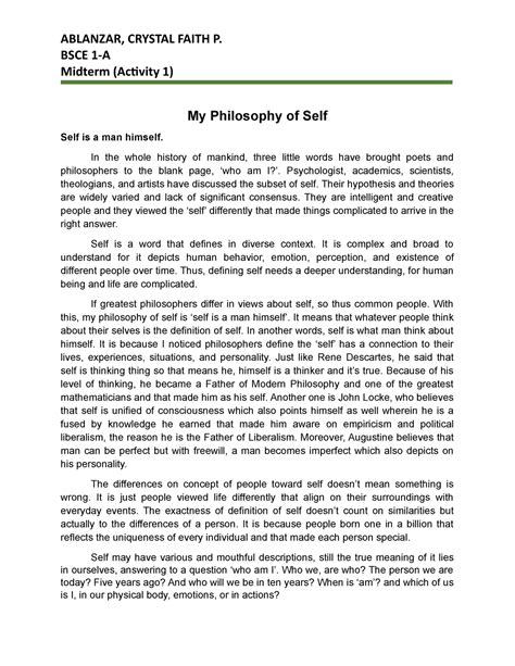 Philosophy Of Self Ablanzar Crystal Faith P Bsce 1 A Midterm