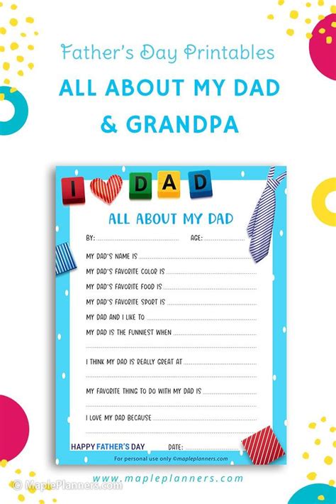 All About My Dad Printables For Fathers Day
