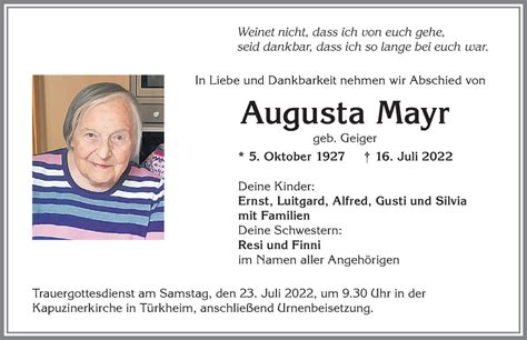 Traueranzeigen Von Augusta Mayr Augsburger Allgemeine Zeitung