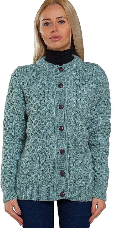 Irish Aran Knitwear 100 Merino Wool Women S Cardigan Sweater With Pockets 1505 At Amazon