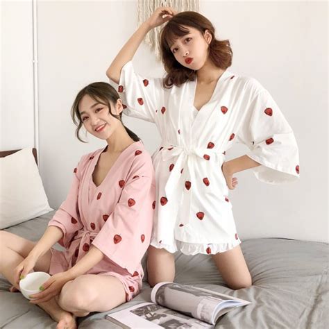 Women Kawaii Kimono Pajamas Japanese Cute Strawberry Bathrobe Sexy