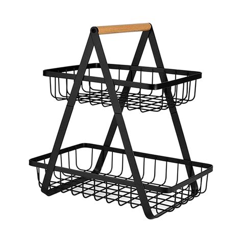 metal wire fruit bowl 2 tier organizer basket vegetables bread holder with wooden handle black