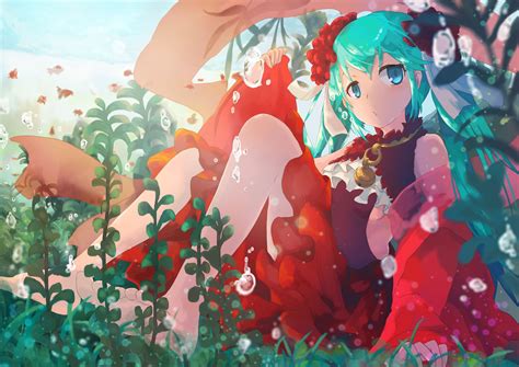 Wallpaper Painting Illustration Long Hair Choker Anime Girls Barefoot Grass Dress