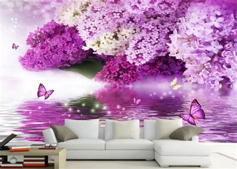 Purple Flowers Water Reflection Butterfly Backdrop 3d