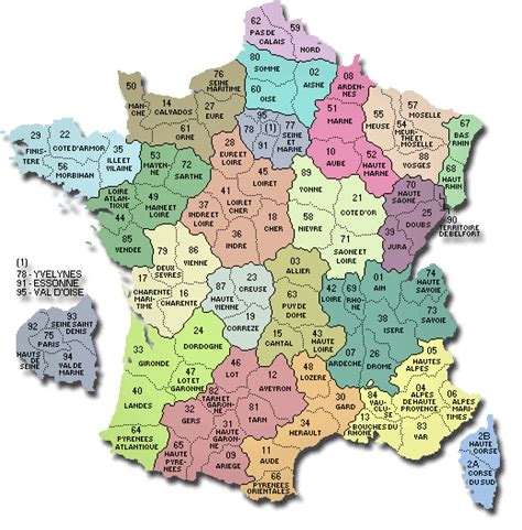 Carte avec les régions, préfectures, numéros et noms des départements. Carte de France: Carte de france avec départements