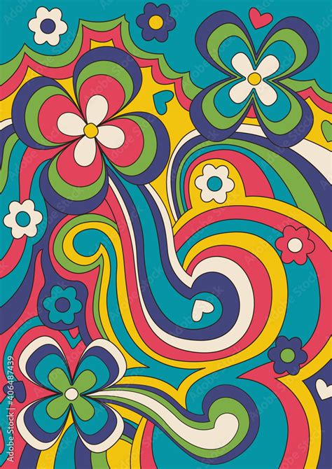 Psychedelic Floral Background 1960s Hippie Art Style Abstract Pattern