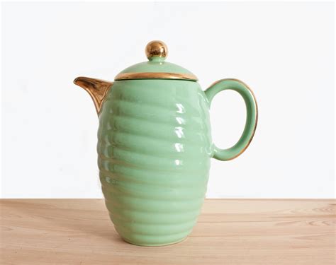 Retro Almond Green And Gold Ceramic Coffee Pot Romantic French