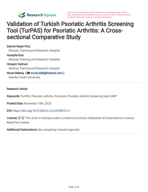 Pdf Validation Of Turkish Psoriatic Arthritis Screening Tool Turpas