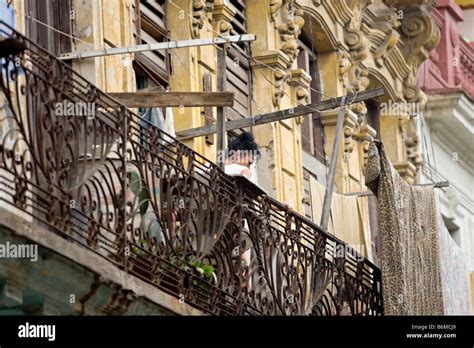 Cuban Woman On Balcony Havana Cuba Caribbean Stock Photo Alamy