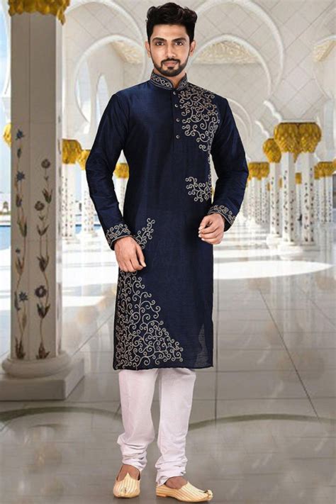 Buy Mens Eid Special Ready To Wear Navy Blue Kurta With White Pajama Online Mkpv0429 Andaaz