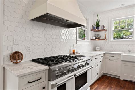 You'll not only boost its value, but add a lot of personality to your space. White Hexagon Kitchen Backsplash | Mosaic backsplash ...