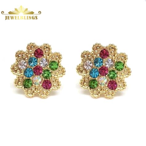 Fancy Style Flower Pattern Micro Pave Crystal Multi Color Stud Earrings