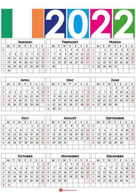 2022 Year At A Glance Calendar With Ireland Holidays Free Printable
