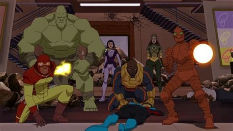 An Animated Scene With Many Superheros Standing In Front Of Each Other