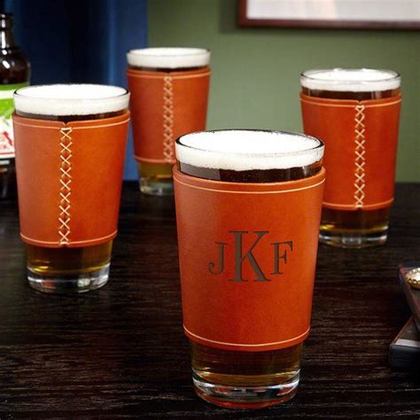 Pint Glass With Personalized Leather Wrap Featuring Classic Monogram Great T For Any