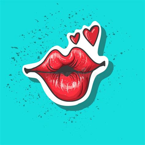 Lips Kiss Vector Patch Sticker Isolated On Blue Patched Cool Red