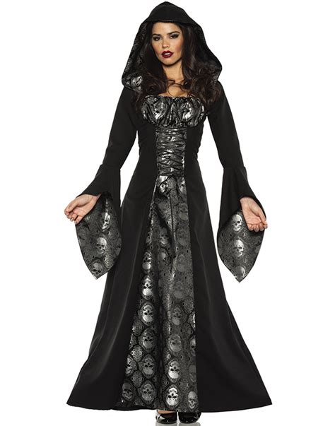 Skull Mistress Womens Black Gothic Witch Hooded Robe Halloween Costume