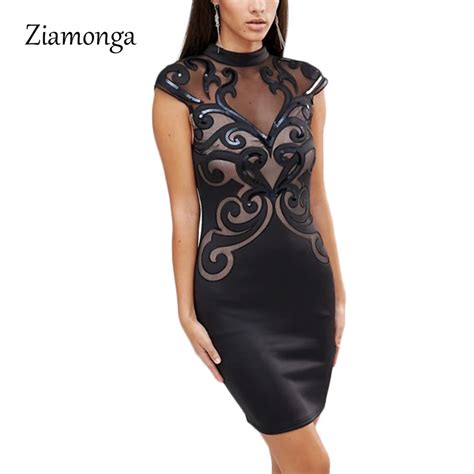 Ziamonga Plus Size S Xxl Mesh Patchwork Bodycon Dress Sexy Clubwear Black Sequin Dresses Party