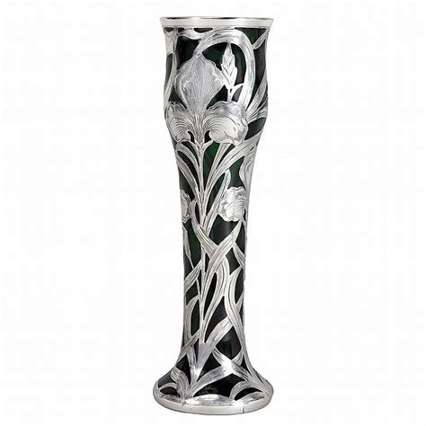 Silver Overlay Glass Vase C1900 American Alvin Mfg Co In Emerald Green Glass With A Twice